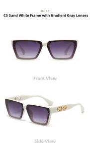 Details einer matten weißen Cat-Eye-Sonnenbrille mit grauen Verlaufsgläsern und Perlenakzent