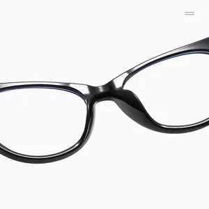Macro shot of stylish black cat eye frames featuring integrated nose pads and clear lenses