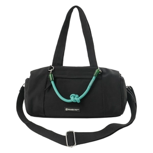 Grande borsa da viaggio in nylon nero con corda verde decorativa e tracolla regolabile