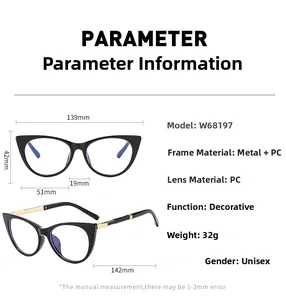 Detailed size specifications for retro cat-eye glasses with metal and PC composite frame