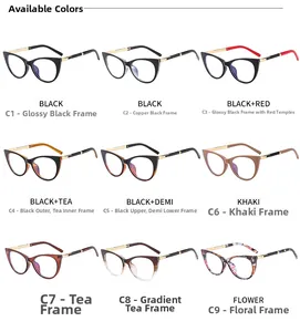 Detailed grid display showing nine varied color styles of cat-eye frames with metal accents