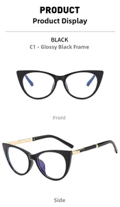 Front and side view of black cat-eye glasses with golden temples and blue light lenses