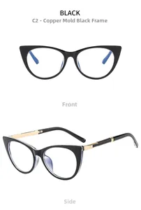 Front and side view of black cat-eye glasses frames with elegant gold metal details