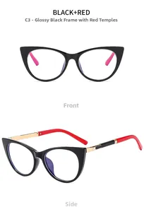 Cat eye glasses featuring glossy black frames and red temples with gold metal accents