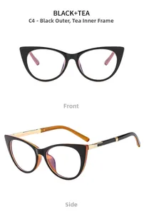 Detailed front and side view of cat-eye glasses frame in black and tea color C4