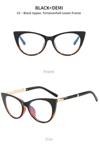 Close-up of cat-eye frames in black and demi with gold metal hinges and side details
