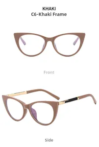 Front and side view of khaki cat-eye glasses frames with metallic hinge detailing