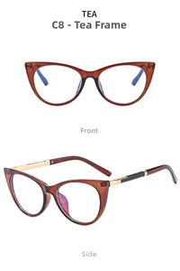 Detailed front and side views of tea-colored cat-eye glasses with gold metal accents