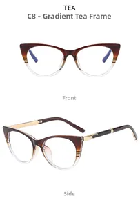 Detail view of cat-eye glasses with gradient tea frames and elegant metal temples