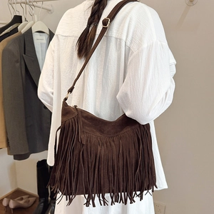 Bohemian dark brown suede hobo bag with long fringes and adjustable shoulder strap