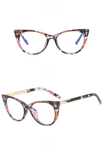 Detailed front and side views of cat-eye eyewear frames with colorful marble patterns
