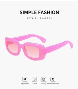 Detailed view of pink rectangular sunglasses with stylish braided dopamine temples