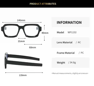 Specifiche dettagliate su dimensioni e materiali per occhiali con montatura nera