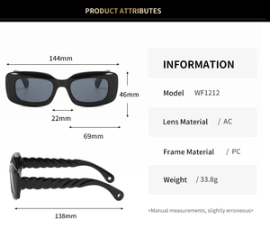 Detailed specs of black sunglasses with spiral temples and full frame dimensions