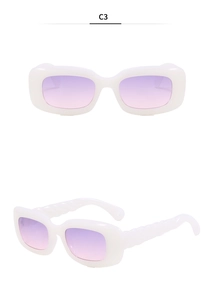 Detail of white rectangle sunglasses with purple gradient lenses and spiral temples