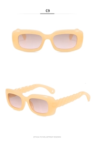 Detailed views of cream rectangular sunglasses with unique twisted temples and pink lenses