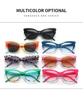 Matrix display of colorful cat-eye sunglasses in seven trendy finishes for women