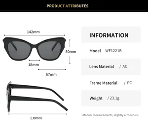 Detailed size chart for cat eye sunglasses showing frame width and lens dimensions