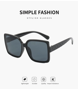 Detail of square black sunglasses showing classic quilted pattern on the temple and sleek frame