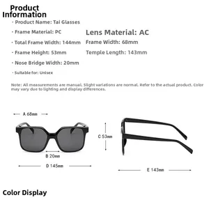 Detailed size chart for unisex square sunglasses featuring PC frame and AC lens dimensions