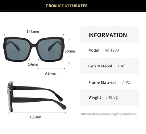Detailed size guide for square frame sunglasses with AC lenses and PC frame dimensions