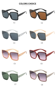 Detailed overview of oversized square sunglasses featuring lattice temples in 8 colors