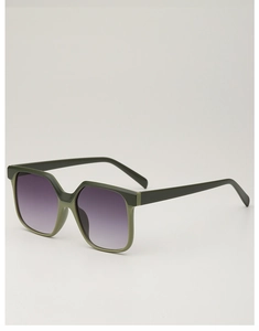 Detail view of square oversized sunglasses with olive green frame and purple gradient lenses