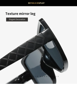 Detail of glossy black sunglasses legs with elegant textured diamond quilt pattern
