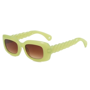 Retro lime green rectangular sunglasses with thick frames and textured woven temples