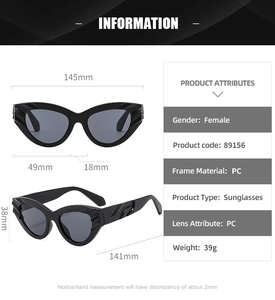 Detailed size chart for black cat eye sunglasses showing 145mm frame width and 38mm height