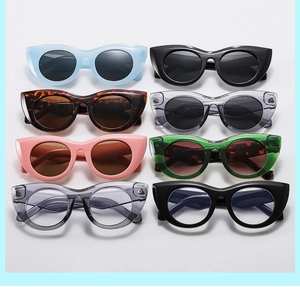 Detailed grid view of retro cat-eye sunglasses in various vibrant colors and finishes