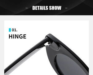Detail view of durable metal hinges and glossy black frame on cat eye sunglasses