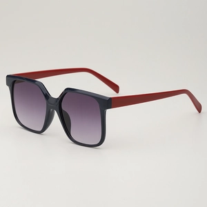 Classic oversized square sunglasses with blue frames, red temples, and purple gradient lenses