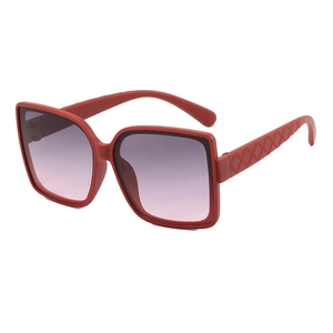 Classic red square frame sunglasses with quilted texture temples and purple gradient lenses