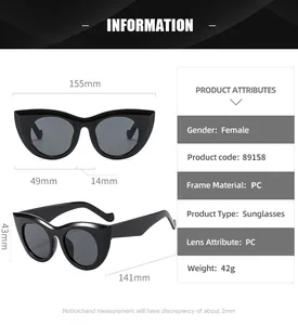 Detailed size specification chart for oversized cat eye sunglasses showing PC frame dimensions