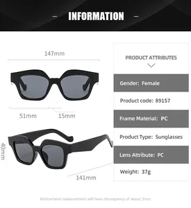Size guide for women's cat eye sunglasses showing 147mm frame width and PC material