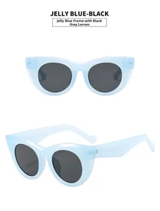 Detail of cat-eye sunglasses with translucent jelly blue frames and dark grey lenses
