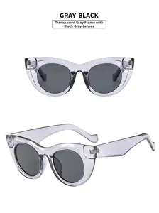 Detailed front and side view of cat eye sunglasses with transparent gray frames and black lenses