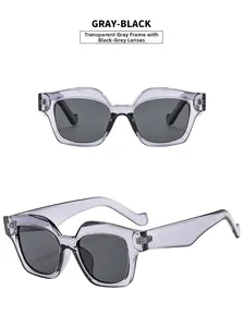 Front and side views of transparent gray frame cat eye sunglasses with dark gray lenses