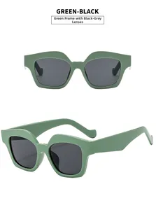 Detailed views of green wave frame sunglasses with dark lenses and wide temples