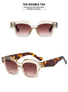 Detail view of transparent tea cat-eye sunglasses with retro leopard print thick temples