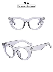 Detail view of transparent gray cat-eye sunglasses frames showing the front and side view