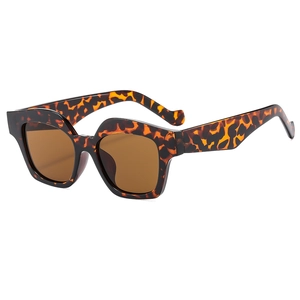 Retro leopard print square sunglasses with tinted brown lenses in a 45-degree side view