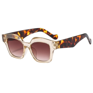 Retro cat-eye sunglasses with champagne frame and leopard print temples in a 45-degree view
