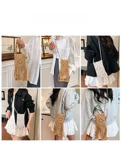 Détails du sac de téléphone tissé en coton bohème avec franges à glands et longue bandoulière