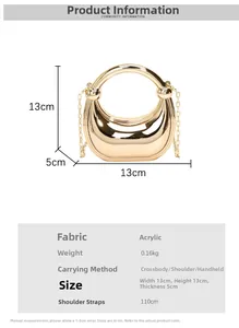Detailed size specifications and material view of the gold acrylic moon evening handbag