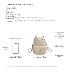 Quilted mini backpack dimensions and technical specifications showing 11x7x18cm size
