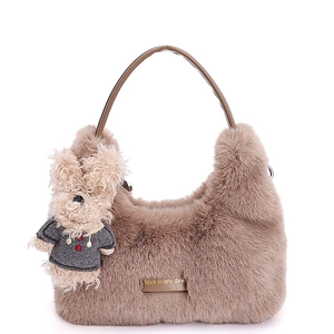 Plüschige braune Kunstpelz-Handtasche mit Teddybär-Anhänger und Leder-Patch-Detail