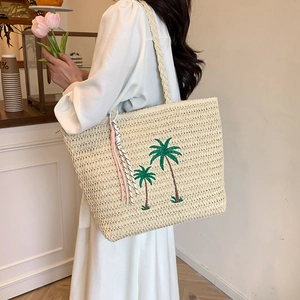 Large capacity straw woven beach bag with green palm tree embroidery and pink rope charm
