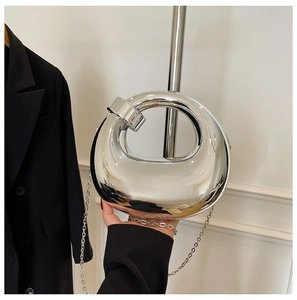 Mirror silver acrylic box bag with circular handle and metal chain for evening wear